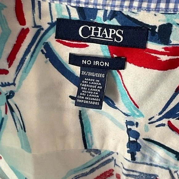CHAPS No Iron/ Beach Nautical/ Patriotic/ Cuff Sleeve Button Down Blouse Sz XXL - Picture 3 of 4